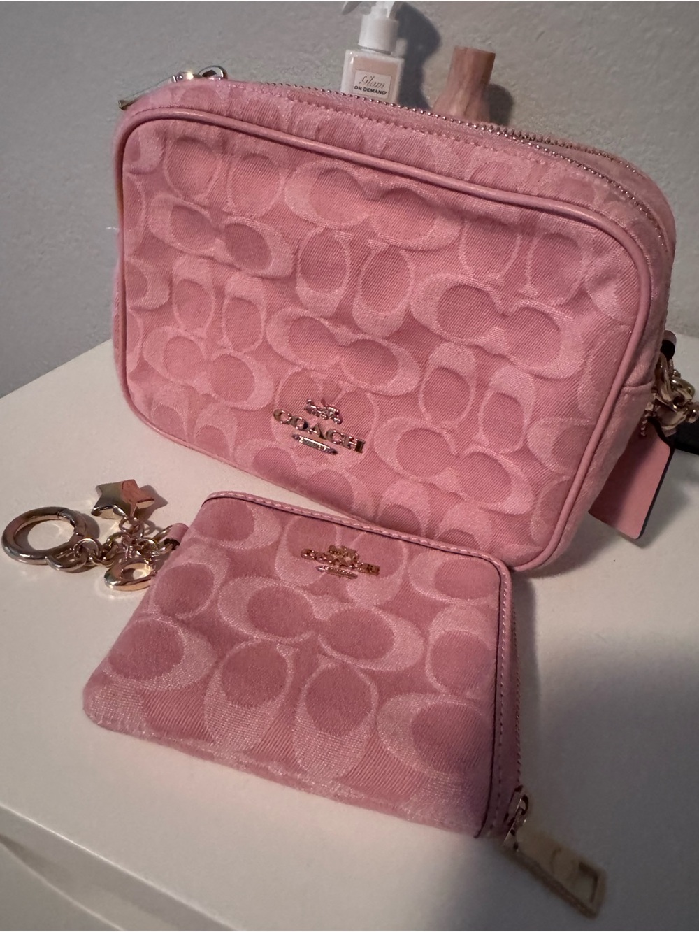 Coach Pink Signature Canvas Crossbody with Matching Wallet and Charm